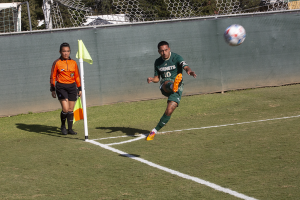Sacramento State men’s soccer junior midfielder Oscar Govea hits a corner kick against CSU Bakersfield on Oct.13, 2021, at Hornet Field in a 2-0 loss.The Hornets currently  average 1.06 goals a match.
