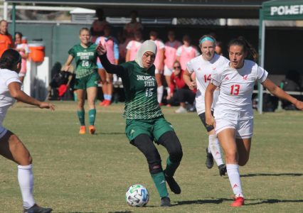 Freshman forward Danna Restom attacks the Eagle defense against Eastern Washington on Sunday, Oct. 10, 2021, at Hornet Field. Sac State was defeated by the Lumberjacks 3-2 in a double overtime loss on Friday.