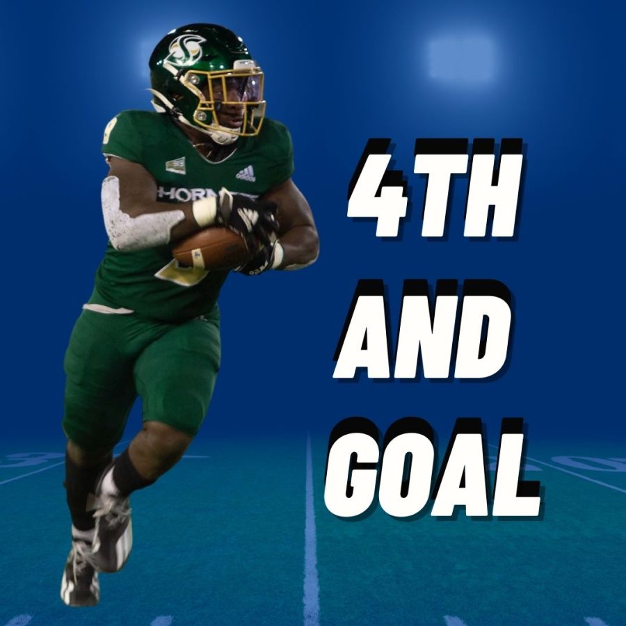 Photo of Sac State sophomore running back Marcus Fulcher (9) taken by Ayaana Williams. Graphic made in Canva by Alex Muegge & Mercy Sosa