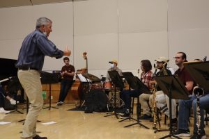 Sacramento State’s intermediate jazz ensemble rehearsing for an upcoming concert on Tuesday, Oct. 12, 2021. The intermediate and advanced ensembles will be performing in Capistrano Hall on Thursday, Oct. 14.