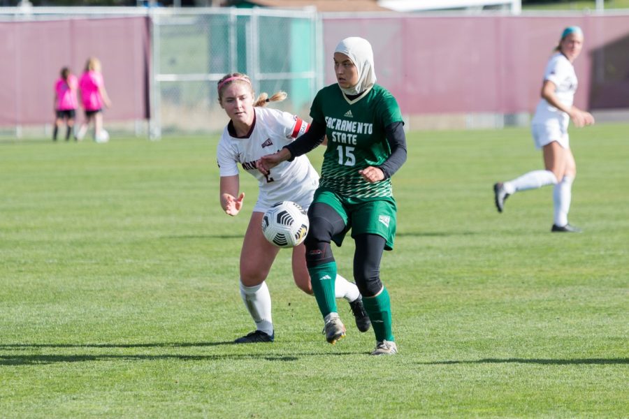 Sacramento State freshman forward Danna Restom fighting for possession against the defense Friday, Oct. 1, 2021, at South Campus Stadium. The Hornets were defeated by Northern Colorado 2-0 on Sunday as they fell to 0-3 in conference play.

