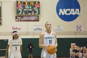 Senior guard Summer Menke at the free-throw line Saturday, Nov. 20, 2021 at the Hornets Nest. Sac State was defeated by Seattle University 71-67 in the Hornets final home game until Dec. 30th, 2021.