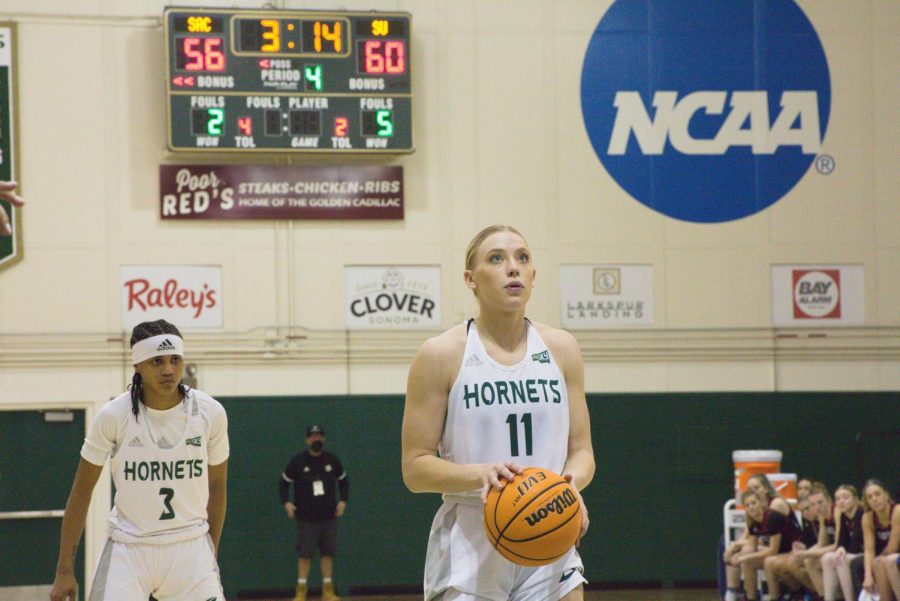 Senior guard Summer Menke at the free-throw line Saturday, Nov. 20, 2021 at the Hornets Nest. Sac State was defeated by Seattle University 71-67 in the Hornets final home game until Dec. 30th, 2021.