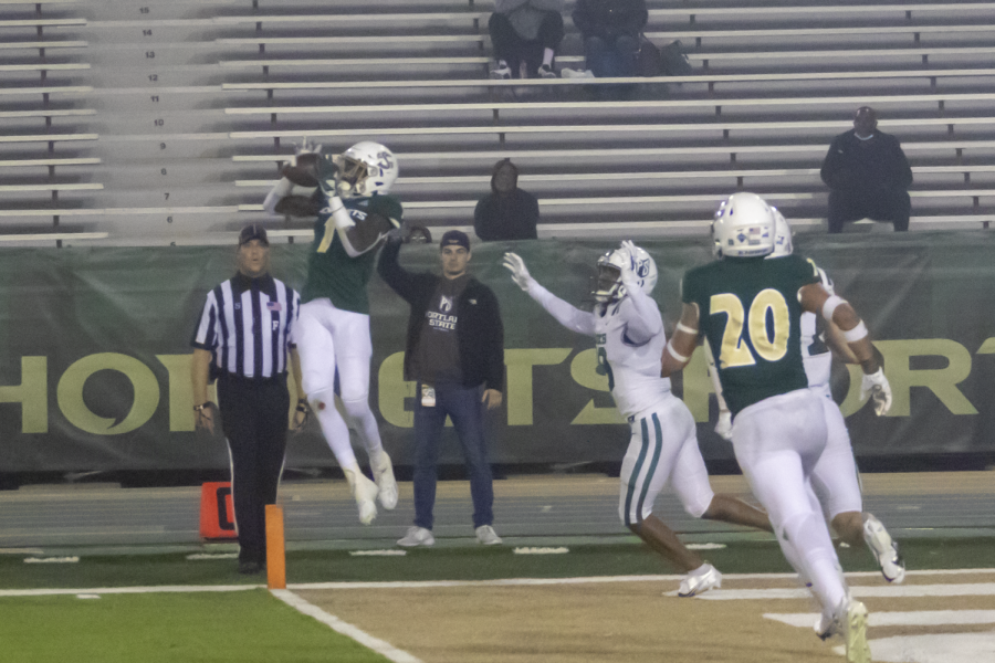 Sacramento State defensive back Gregory Munchie Filer III (1) intercepts a pass thrown by Portland State senior quarterback Davis Alexander at Hornet Stadium on Saturday, Nov. 13, 2021. Filer is tied for the team lead in interceptions with four on the season.