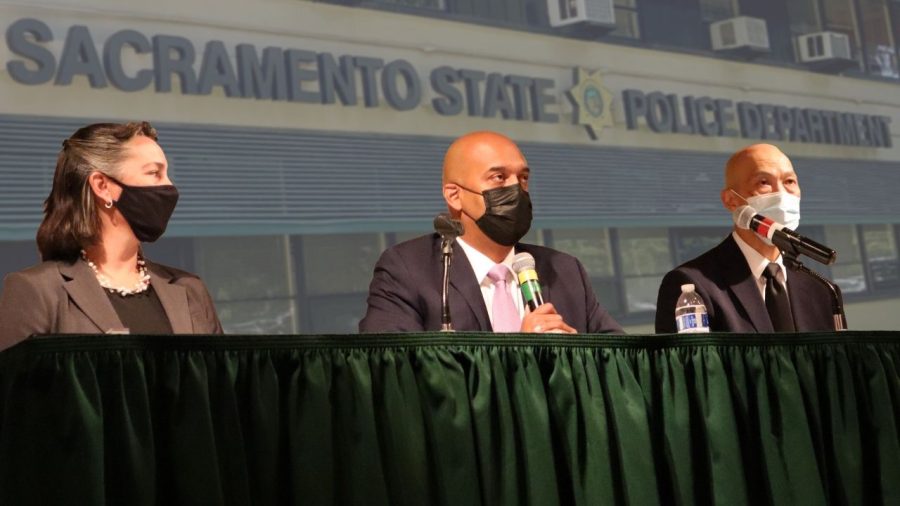  (Left to right) Sacramento State Police Department Lieutenant Christina Lofthouse, Chief Chet Madison Jr. and Lieutenant Harvey Woo speak at the department’s “meet the chief event” in Sac State’s University Union on Tuesday, Nov. 9, 2021. Madison discussed incidents of excessive force on campus and talked about being accessible to the campus community. Photo of Lofthouse, Madison and Woo by Kris Hall. Background photo by Mercy Sosa. Graphic created in Canva by Ayaana Williams.