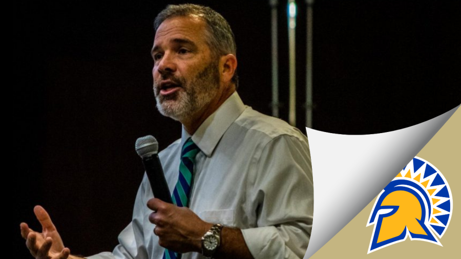 Provost Steve Perez speaks to the Faculty Senate in the University Union at Sacramento State on Thursday, March 12, 2020. Perez is departing Sac State to become interim president at San José State University, according to a SacSend from President Robert Nelsen. Photo of Perez taken by Rahul Lal. Graphic made in Canva by Ayaana Williams. 