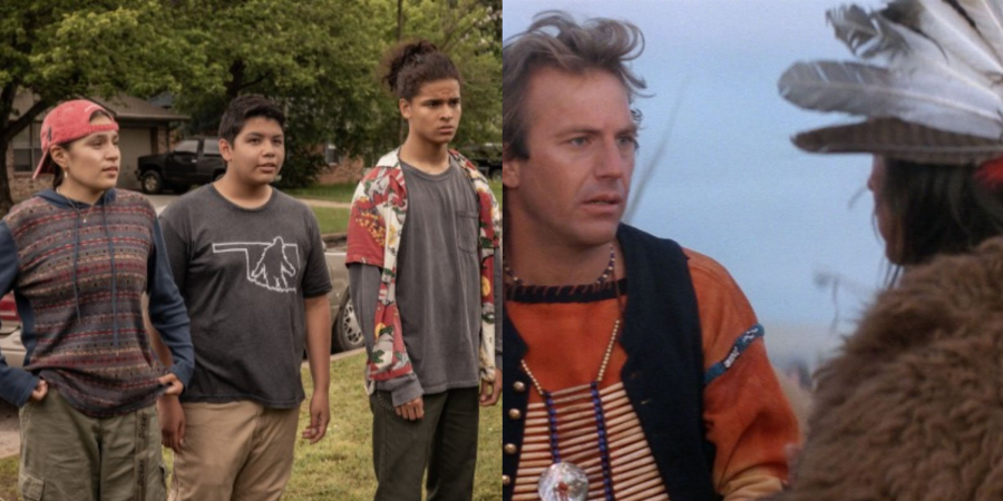 “Reservation Dogs (2021, left) takes the extra time to show Native communities in the modern day to demonstrate the fact that they do still exist, whereas “Dances With Wolves” (1990, right) portrays Native Americans plays off of the “white savior” trope while simultaneously perpetuating the erasure of modern Native people that has become so common. (Images courtesy of FX/Hulu and Orion Pictures)