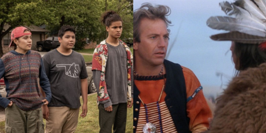 “Reservation Dogs'' (2021, left) takes the extra time to show Native communities in the modern day to demonstrate the fact that they do still exist, whereas “Dances With Wolves” (1990, right) portrays Native Americans plays off of the “white savior” trope while simultaneously perpetuating the erasure of modern Native people that has become so common. (Images courtesy of FX/Hulu and Orion Pictures)