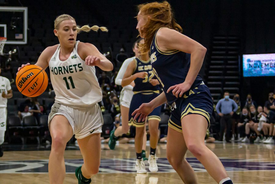Sacramento women’s basketball senior guard Summer Menke stands at the freethrow after being fouled by UC Davis. Sacramento State women’s basketball lost to UC Davis 75-46 on Nov. 23, 2021, at the Golden 1 Center.