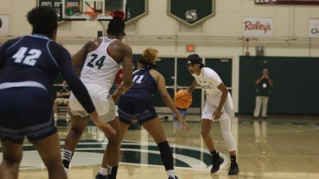 Graduate guard Lianna Tillman (right) readies a drive to the basket in the third quarter on Tuesday, Nov. 16, 2021. The Hornets defeated Sonoma State at the Hornets Nest in a 73-53 blowout. 
