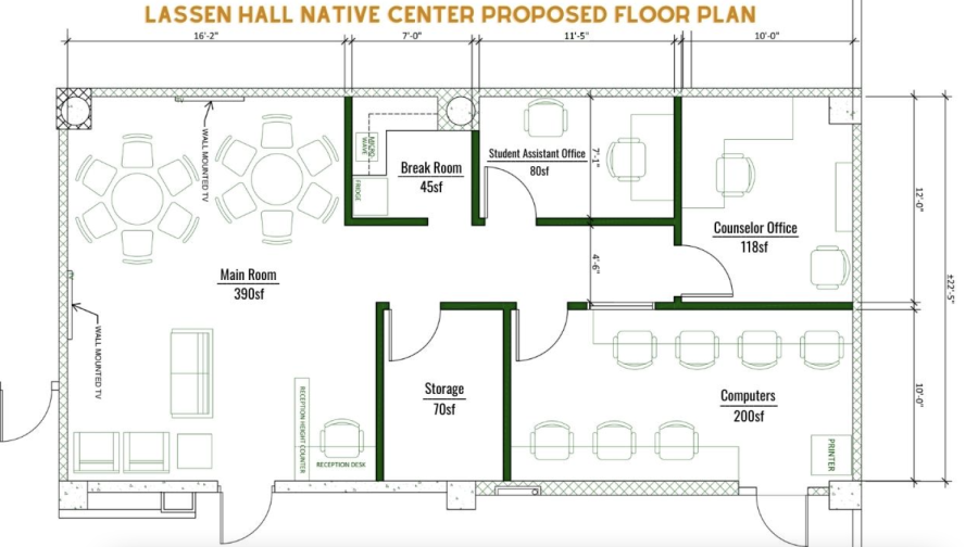 The floor plan for the Native student center set to open in fall 2022 in Lassen Hall. The center will include a computer lab, counselor office, break room and more. (Photo courtesy of Jose Mejia, graphic by Ayaana Williams). 