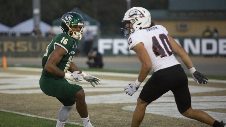 Sac State sophomore tight end Marshel Martin (16) prepares to defend Southern Utah freshman safety Treyson Johnson (40) Oct. 9, 2021, at Hornet Stadium. The Hornets totaled 173 yards in the air against Southern Utah, defeating them 41-20.