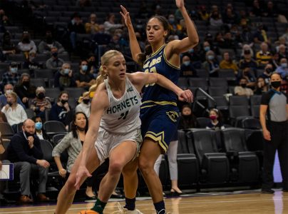Sacramento State women’s basketball senior guard Summer Menke drives to the basket in a 75-46 loss to UC Davis on Nov. 23, 2021. The Hornets brought their record to 4-6 with a 60-50 road win over CSU Bakersfield on Wednesday.
