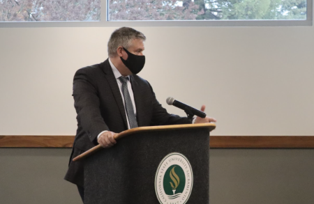 Sacramento State Vice President of Student Affairs Ed Mills discusses grants for students in the spring 2022 semester at an Associated Students Inc. meeting on Wednesday, Dec. 8, 2021. The university will be disbursing $20 million total to students after the fourth week of the semester.