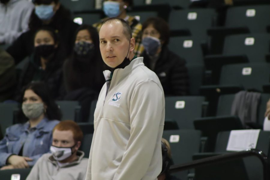 Interim head coach Brandon Laird, standing on the sideline during a game against Portland State Saturday, Jan. 26th, 2022 at the Nest. The Hornets opened up to a 1-7 start on conference play and are currently on a four4-game losing streak.
