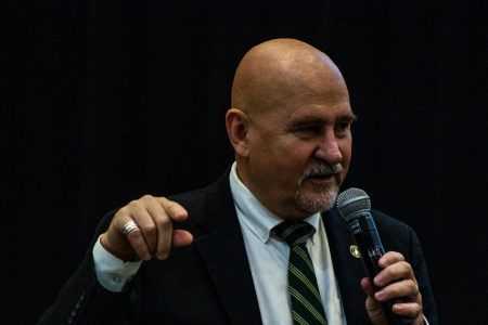 Sacramento State University President Robert Nelsen addresses students in the University Union about COVID-19 policies on campus on Sept. 3, 2020. In his address on Jan. 21, 2022, Nelsen discussed continuing COVID-related issues and plans to change the culture of the campus to fight systemic racism.
