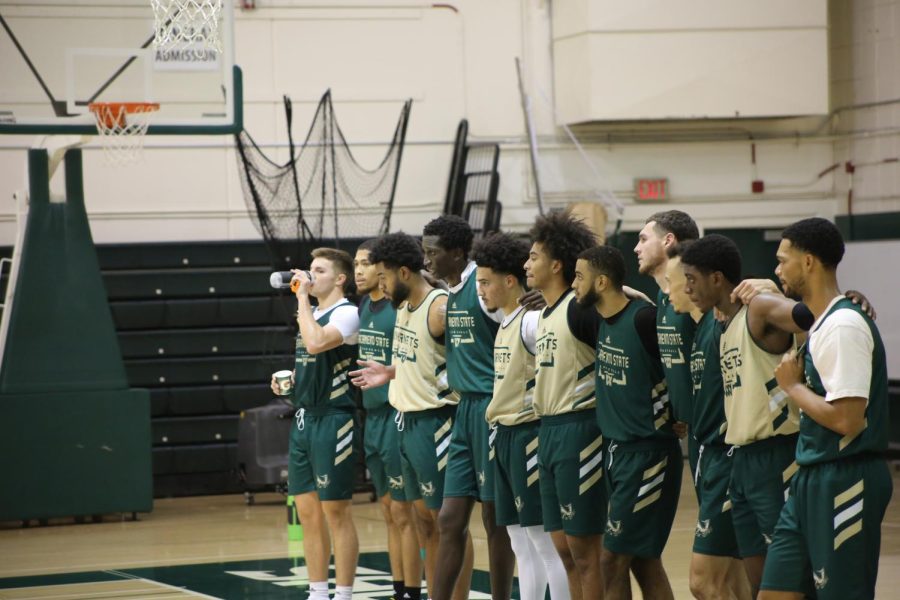 The Sacramento State men’s basketball team lines up at the baseline after  practice Wednesday, Oct. 20, 2021 in The Hornets Nest. The team has continued to practice despite the high number of game cancellations that have occurred amid concerns about COVID-19. 