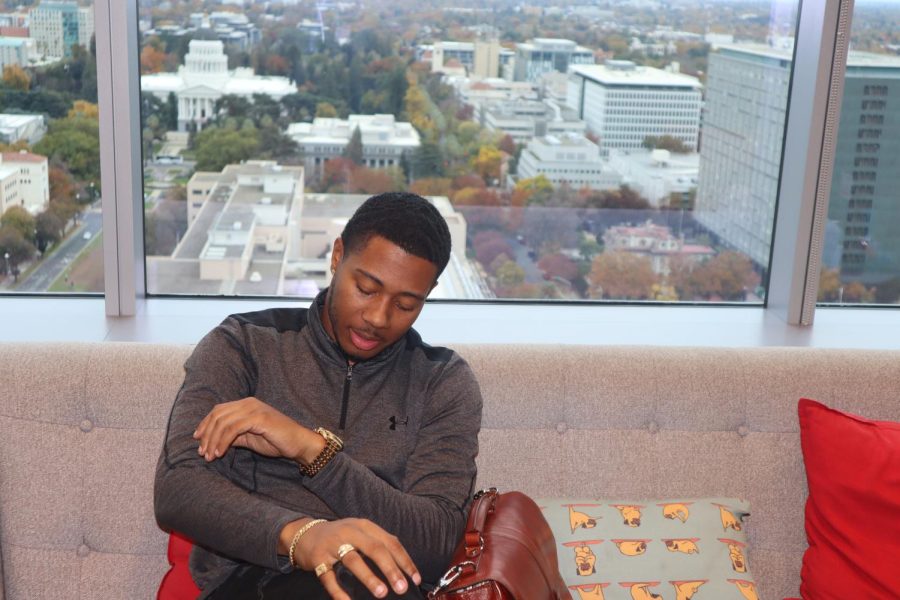 Khalil Ferguson seated in his office at United CORE Alliance located on L Street Nov. 9, 2021. Ferguson said co-founding Black Student Union impacted Ferguson because it made him a student leader at Sac State and beyond the university into the Sacramento community.