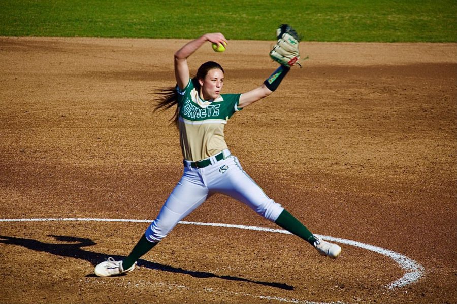 Marissa Bertuccio pitches to start the 2022 season in the NorCal Kickoff against San Jose State and Santa Clara University at Shea Stadium on Feb. 11, 2022. The Hornets went  2-2 on the weekend to start the season.