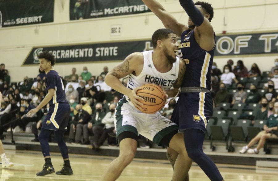 Sophomore forward Cameron Wilbon tries to create space against a Northern Colorado defender in the low post in The Nest Thursday, Feb. 10. Wilbon finished with 14 points as the Bears routed the Hornets in a 79-61 loss for Sacramento State.
