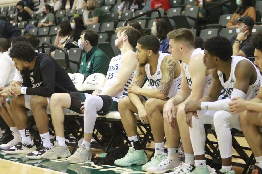 The Hornets’ bench players look on as Sac State is trounced 83-57 in a home defeat at the hands of Southern Utah in The Nest Feb. 12, 2022. Sac State has struggled immensely as of late, going 1-9 in their last 10 games.
