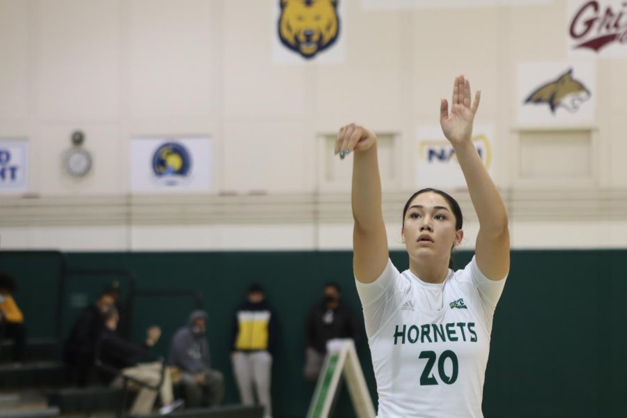 Freshman guard Katie Peneueta at the free throw line in the Nest on Jan. 10, where Peneueta went one for three.  The Hornets lost the game 68-57 against Northern Arizona at the Nest on Jan.10, 2022.
