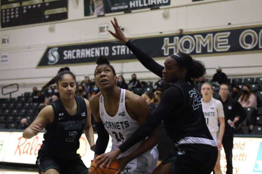 Sophomore center Isnelle Natabou attempts to put back an offensive rebound against Portland State Sat. Feb. 5, 2022 in the Nest. Natabou’s 23 points and 17 rebounds helped lift the Hornets to a 73-62 win.
