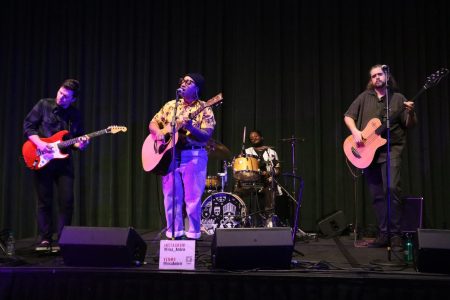 Erica Ambrin & the Eclectic Soul Project perform at the University Union on Feb. 9. Artists from left to right: Jayson Angove (electric guitar), Erica Ambrin (vocals and acoustic guitar), Jay Myers (drums), and Josh Krage (electric bass guitar). 