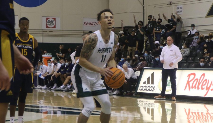 Junior guard for Sac State Deshaun Highler at the free-throw line against  Northern Arizona Thursday, Feb. 4, 2022 in The Nest. Highler finished with seven points and three rebounds in the Hornets’ 62-61 loss against the Lumberjacks.
