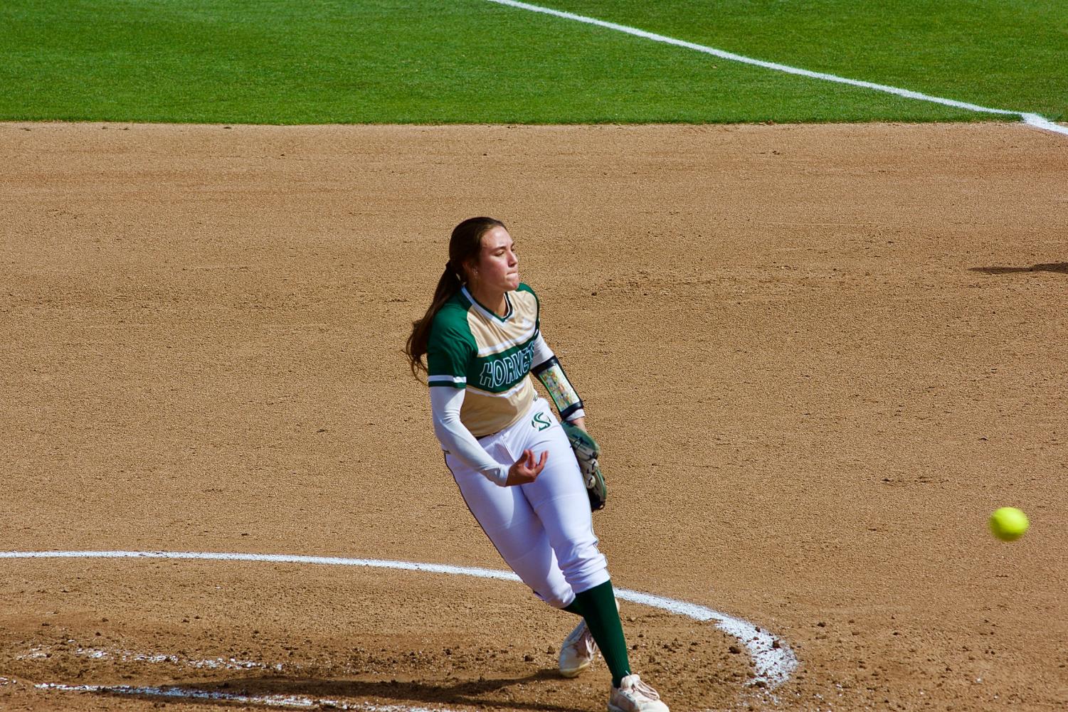 Marissa Bertuccio pitches against the University of North Dakota at Shea Stadium on Thursday. Bertuccio earned her tenth win of the season while striking out eight batters and allowing just two hits in the Mizuno Classic this past weekend. 