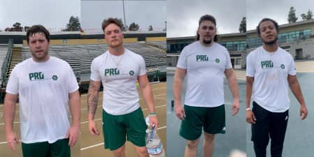(Left-Right) Thomas Parker (Far left), Josiah Erickson (Left), Kooper Richardson (Right) and Taylor Powell (Far right) pose for photos after pro day workouts March 15, 2022. In the last five years, the Hornets have had three players who have made it to an NFL roster.