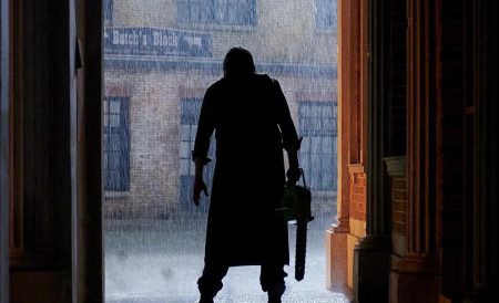 Jedediah Sawyer, AKA Leatherface, stands in the doorway ominously in one of the early promotional images for “Texas Chainsaw Massacre.”  Leatherface was played by Mark Burnham this time around, taking up the mantle from Andrew Bryniarski, who played the villain in the remake films. 
 (Image courtesy of Netflix)