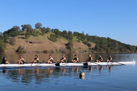 Coxswain Zoie Kabir leads the Sac State rowing team across the finish line in the V8 race on Saturday, March 12. Sac State placed first against the University of Portland, St. Mary’s College and Santa Clara University.
