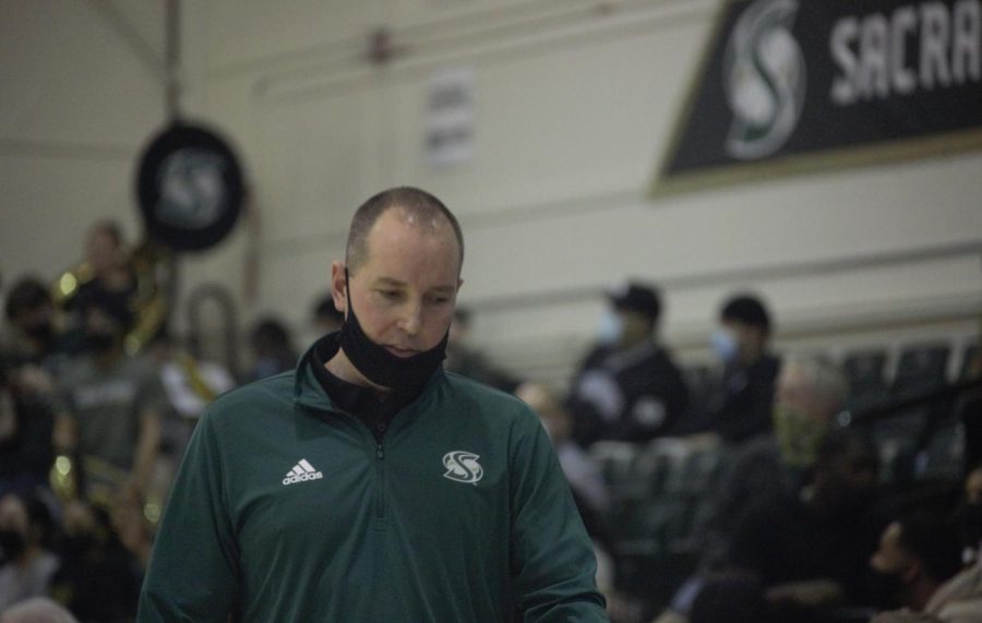 Interim head coach Brandon Laird walking near the bench Thurs., Feb. 26, 2022 against the Idaho Vandals. Laird is being considered heavily for the head coaching vacancy if he chooses to apply.