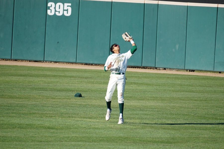Sophomore outfielder Josh Rolling loses his cap as he catches a fly ball Friday, March 4, 2022 in a 21-4 Sacramento State win over Houston Baptist University at John Smith Field. The Hornets lost four of five games this week, after starting the year off 7-0.

