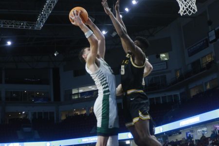 Senior forward Bryce Fowler goes for a layup against University of Idaho Wednesday, March 9, 2022 at Idaho Central Arena. Fowler finished with 26 points in the Hornets’ 57-54 in the first round of the 2022 Big Sky men’s basketball tournament.