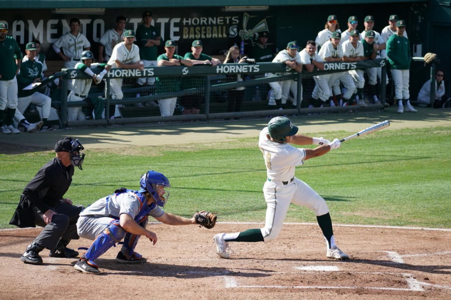 Sacramento State sophomore outfielder Cesar Valero connects for one of his three home runs against Houston Baptist University on March 4. 2022, at John Smith Field in a 21-4 Hornet win. Valero leads Sac State with six home runs so far in 2022. 