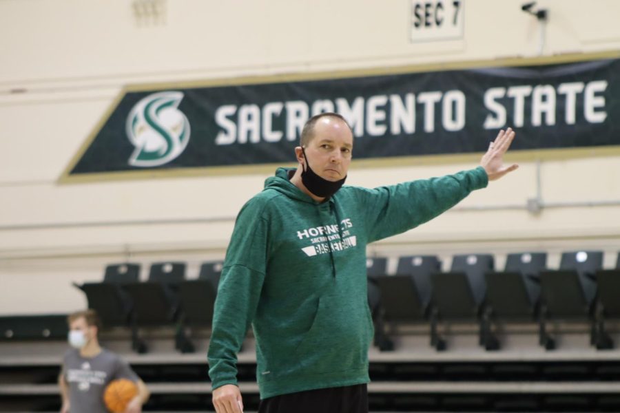 [FILE PHOTO] Interim head coach Brandon Laird during practice Wednesday, Feb. 9, 2022, in The Nest at Sacramento State. Lairds contract expired on March 31 as Sac State has finalized a deal with David Patrick to become their next head coach.
