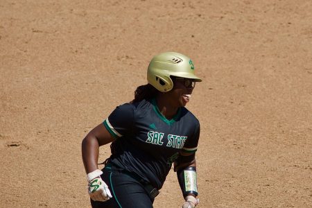 Lewa Day rounds the bases as she hits her 12th home run of the season against the University of Montana on Saturday, April 23, 2022 at Shea Stadium. Day had five hits in 10  plate appearances.

