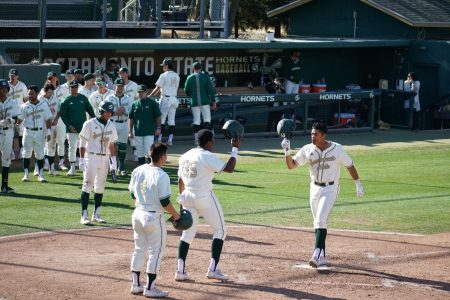 (FILE PHOTO) Sophomore Cesar Valero celebrates a home run with his teammates at John Smith Field Sunday, March 27, 2022 against Grand Canyon University. Valero tallied four home runs over the weekend and now leads the WAC with 12 this season. 

