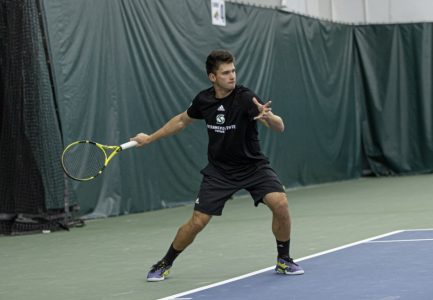 Sac State junior Ori Maior serving against Montana State Thursday, April 14th, 2022 at the Bobcat-Anderson Tennis Center. The Hornets dropped their regular-season finale against the Bobcats 7-0.

