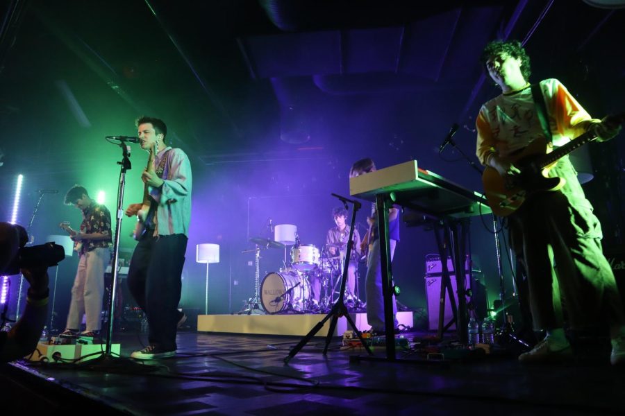(L-R): Wallows lead guitarist Braeden Lemasters, lead singer Dylan Minnette, drummer Cole Preston, bassist Blake Morell and bassist/keyboardist Kevin Grimmett perform “Remember When” on Friday at Ace of Spades. The sold-out show wrapped up the first week of the Tell Me That It’s Over tour. 