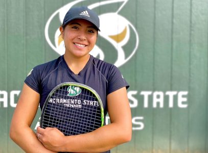 Maddy Ferreros stands in front of the Sac State tennis court after finishing her training on April 20, 2022. She was named the Big Sky Conference womens tennis co-player of the week on April 5, 2022. 