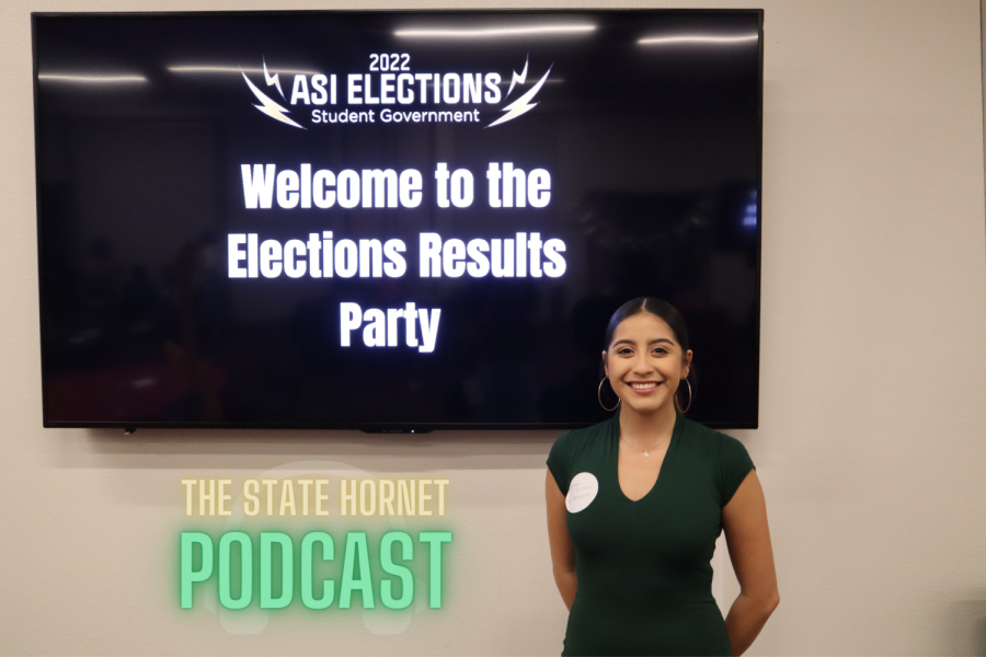 Newly elected ASI President Salma Pacheco poses following the voting results on Thursday April 7, 2022. Pacheco voiced her intentions to focus on Sacramento State’s legislative issues throughout her term. (Photo by Alexis Hunt. Graphic made in Canva by Mack Ervin III)