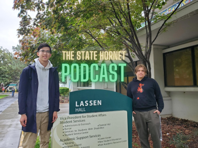 (L-R) Alec Tong and Gilbert-O’Neil stand beside Lassen Hall sign on Thursday, April 14, 2022. Lassen Hall houses the financial aid and wellness wing of Sac State. Tong and Gilbert-ONeil are planning a rally at the capitol building to advocate for student loan forgiveness. (Photo by Jack Freeman. Graphic made in Canva by Mack Ervin III)