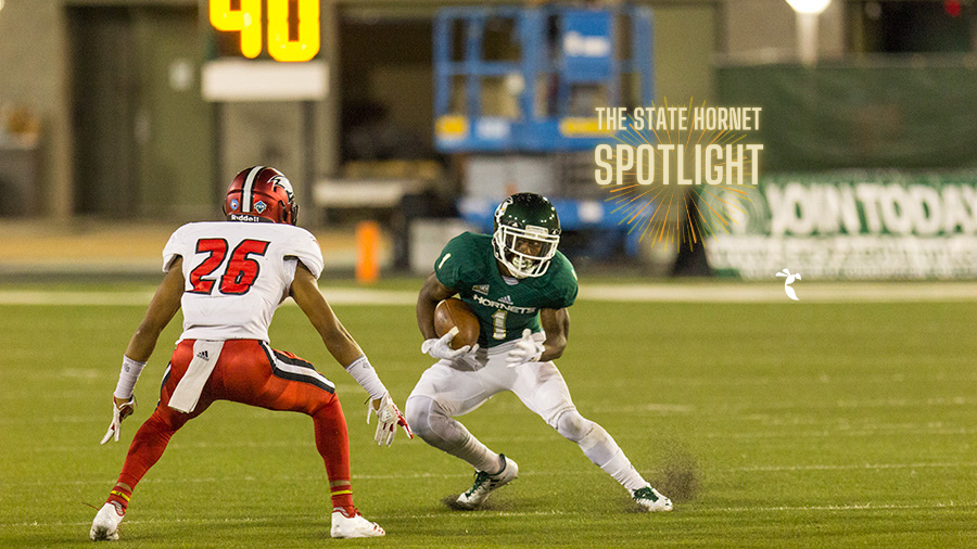 Former Sacramento State receiver Isiah Hennie tries to juke University of Incarnate Word freshman cornerback Marquis Britten Sept. 9, 2017 at Hornet Stadium. Hennie has spent the last four years searching for an opprotunity to play professional football. (Photo by Matthew Nobert. Graphic made in Canva by Mack Ervin III)