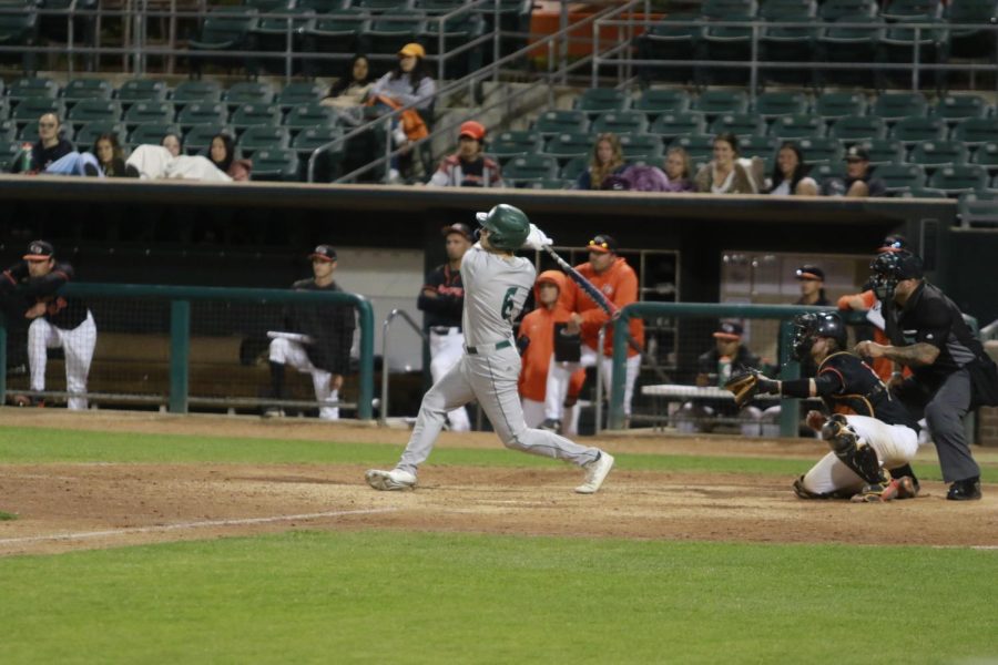 [FILE PHOTO]Sac State junior outfielder Trevor Doyle connects on a ball Tuesday, April 19, 2022, at Klein Family Field in Stockton, California in a 13-6 Hornet win. Doyle hit his first homer of the year this weekend against Dixie State as the Hornets moved above .500 in WAC play.