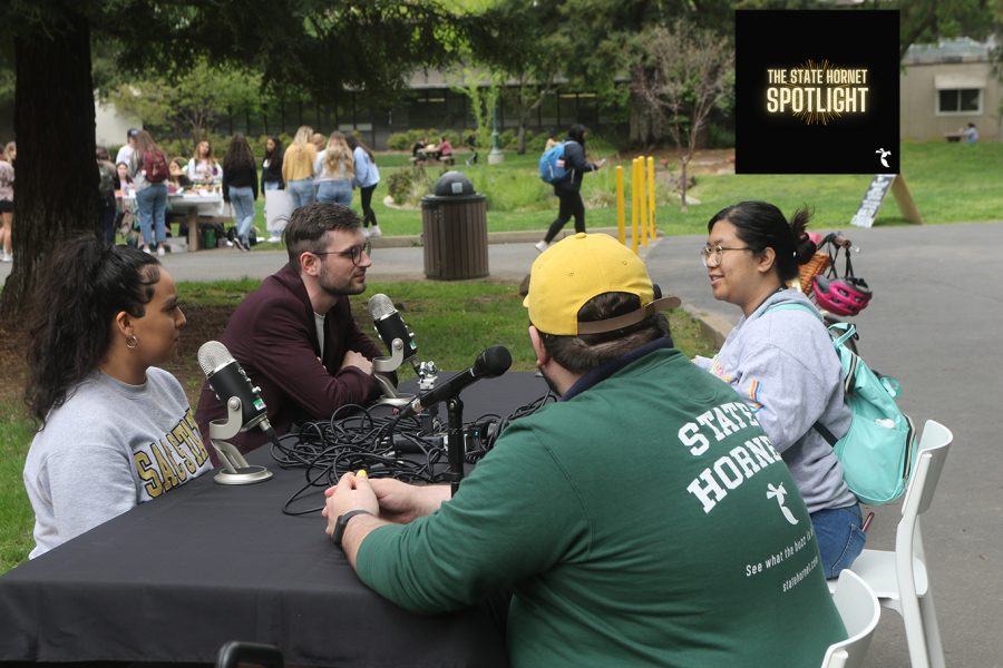 Staffer Laura De la Garza Garcia, opinion editor Kris Hall and newsletter editor Odin Rasco talk to students in the library quad during a live podcast on March 30. The second State Hornet Quadcast focused on students readjusting to live after two years of COVID-19 restrictions. (Photo by Alexis Hunt. Graphic made in Photoshop by Mack Ervin III)