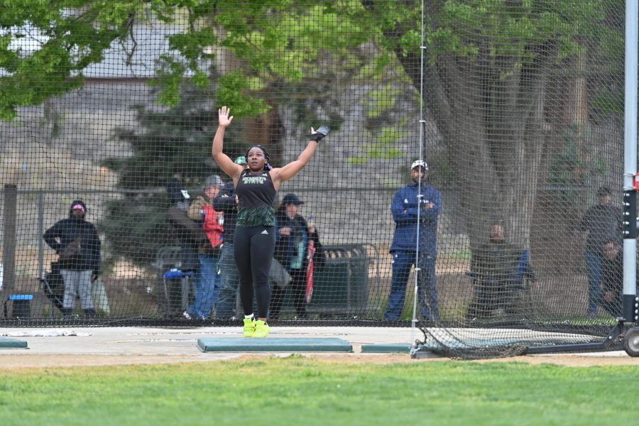 Shantel Nnaji competes in the hammer throw on March 19. Nnaji has broken two school records and has earned a place on the top 10s list for every throwing category at Sac State. 