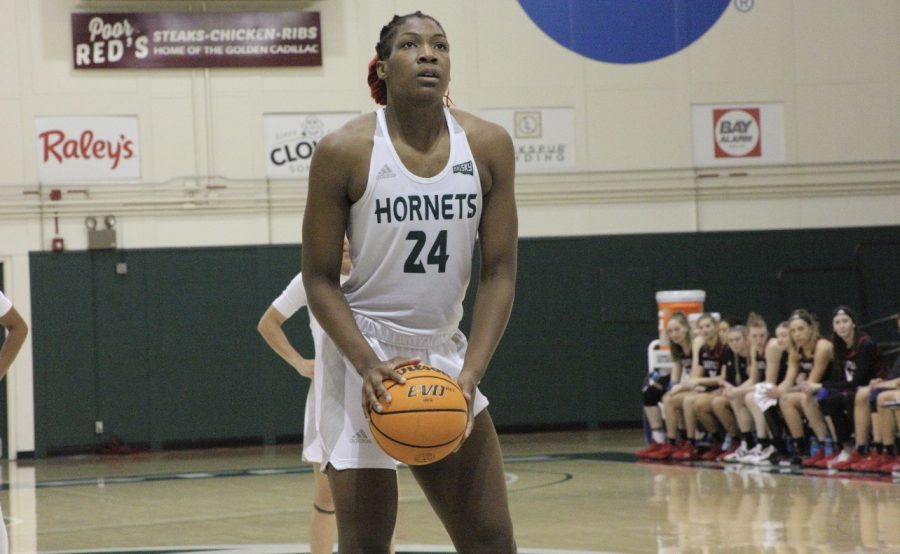[FILE PHOTO] Isnelle Natabou at the free-throw line against Seattle University ​​Saturday, Nov. 20, 2021 at the Hornets Nest. The Hornets were voted best women’s sports team in the 2022 Best of Sac State poll.

